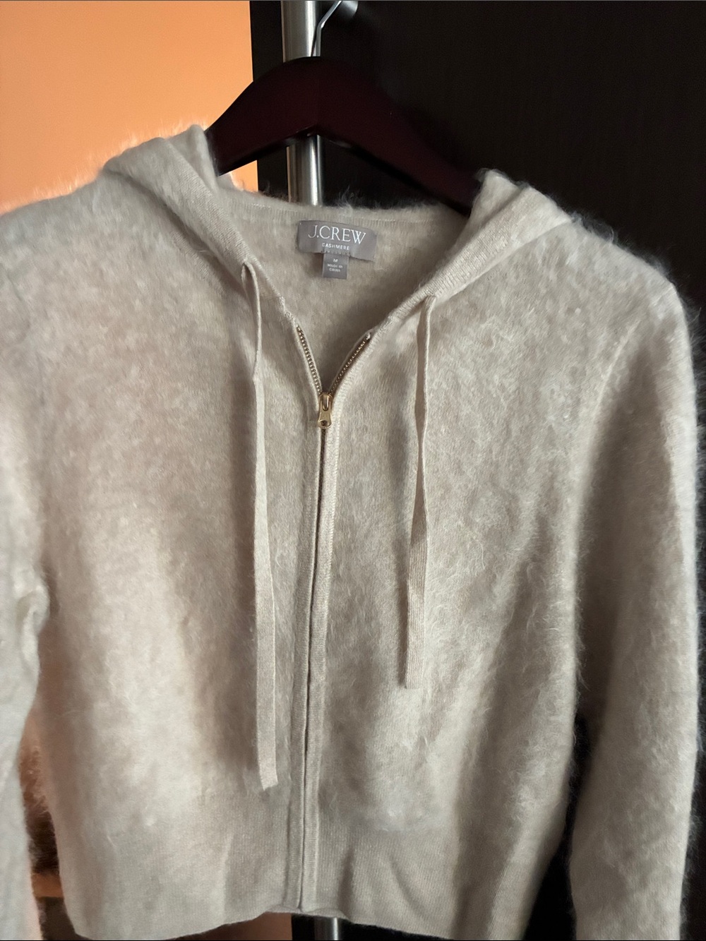 J. Crew Cream Zip Hoodie Cardigan with Gold Zipper cashmere